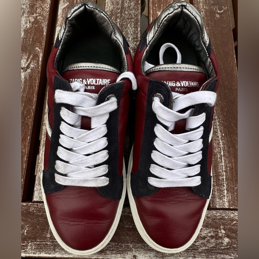 Zadig & Voltaire ZV1747 Flash Low Top Sneakers Burgundy Leather Size 38